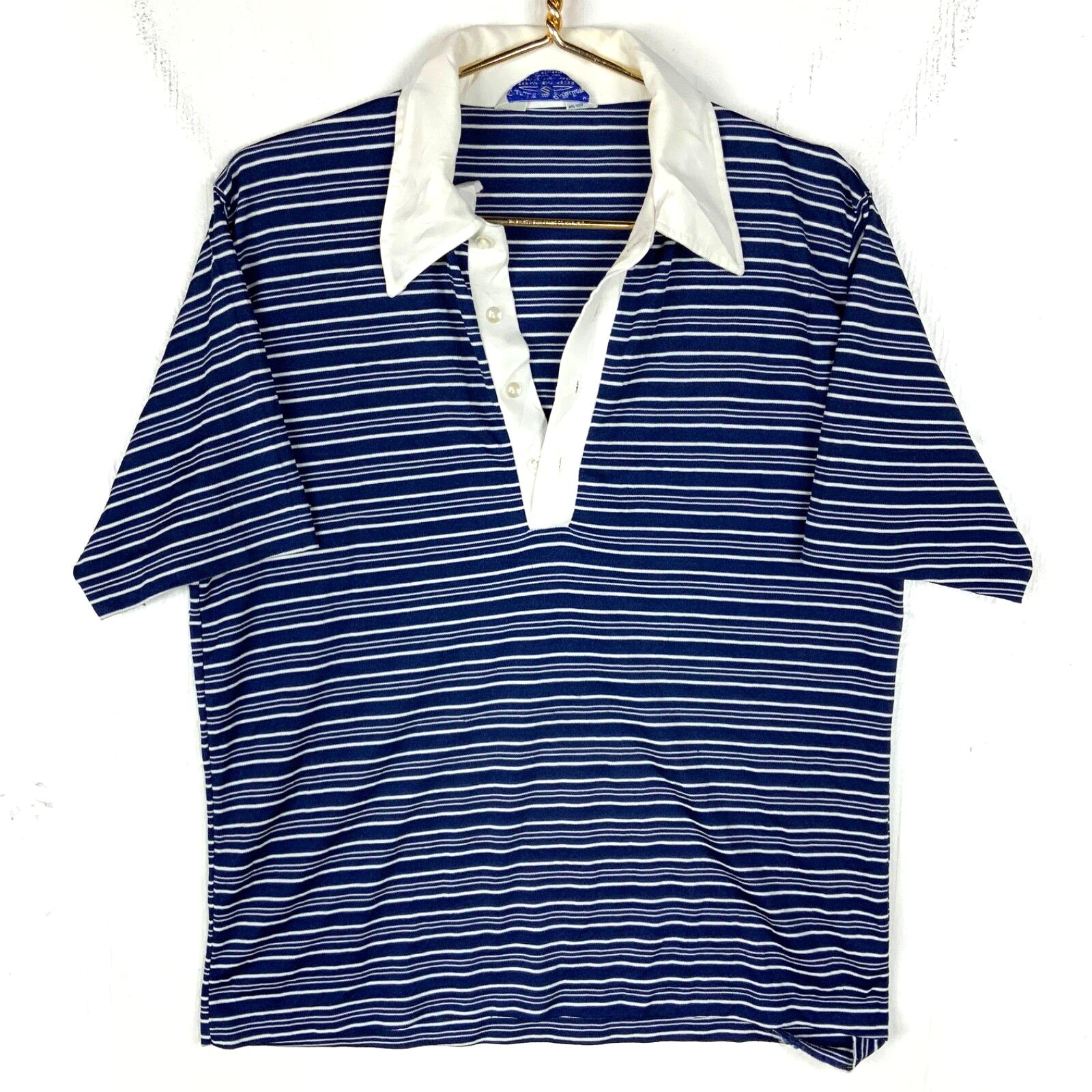 Vintage 1970s Polo Collar Shirt Size Medium Blue Striped Short Sleeve Henley