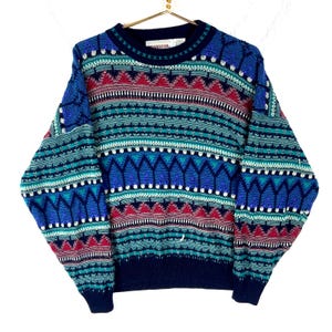 Vintage 1990s Knit Grandpa Sweater Large Multicolor Crewneck Pattern