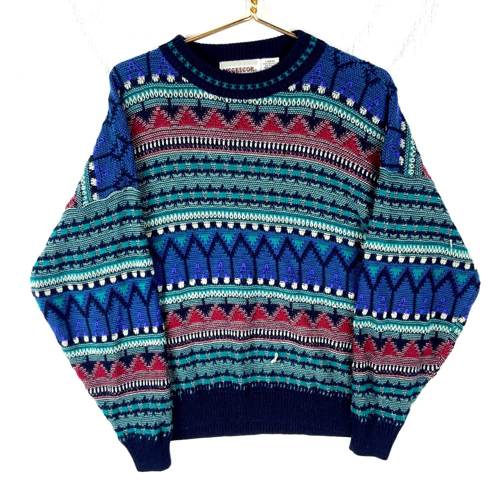 小物 90s INVERALLAN vintage knit Vintage 1990s Knit Grandpa Sweater Large Multicolor Crewneck