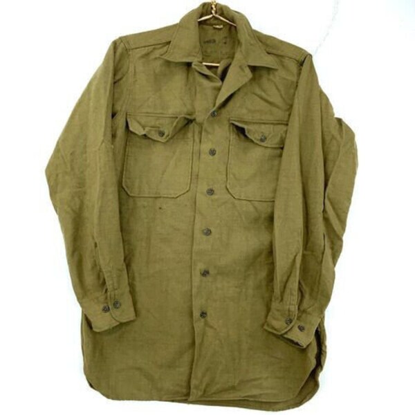 Vintage US Military Wool Button Up Shirt Size 14 1/2 x 33 Green Long Sleeve 40s