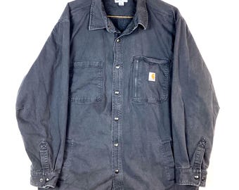 Vintage Carhartt Canvas Shirt Jacket Size XL Gray Snap Button Long Sleeve