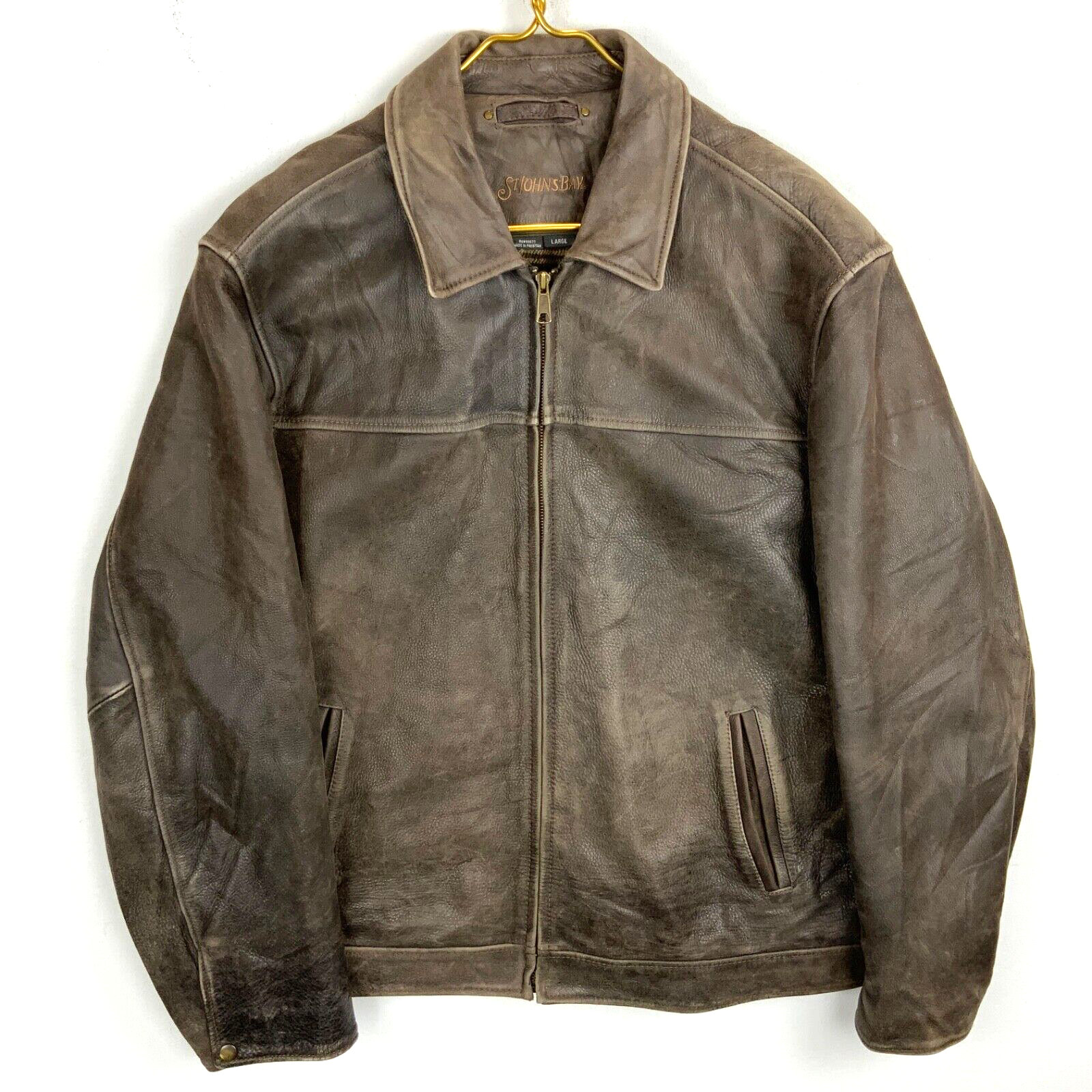 St Johns Bay Full Zip Leather Harrington Jacket Size Large Brown