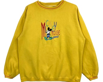 vintage sweat-shirt brodé Mickey Mouse ras du cou taille moyen jaune