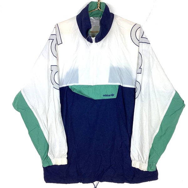 Vintage Adidas Jacket Extra Large Half Zip Windbreaker Spell Out White 80s