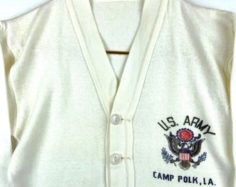 Vintage Us Army Camp Polk Cardigan Sweater Size Small White Ww2 40s