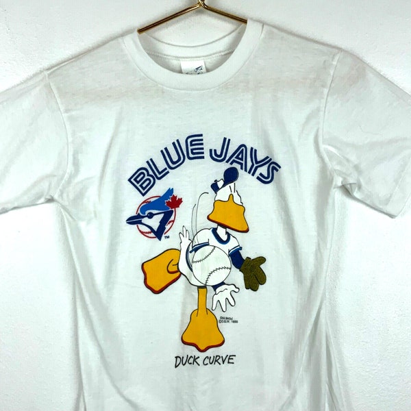Vintage Toronto Blue Jays Duck Curve Baseball T-Shirt Size Small 1988 White Mlb