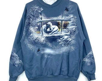 vintage chat chaton sweat ras du cou grand bleu Aop faune hiver des années 90