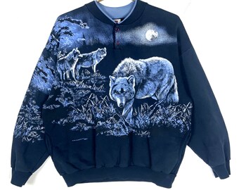 vintage Wolf Wildlife Sweatshirt Henley Large Black Art Unlimited Blue des années 90 Aop