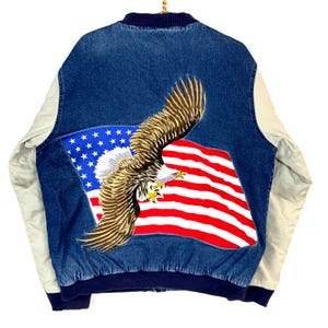 Vintage 1990s Denim Bomber Jacket Large Snap Button American Flag Bald Eagle