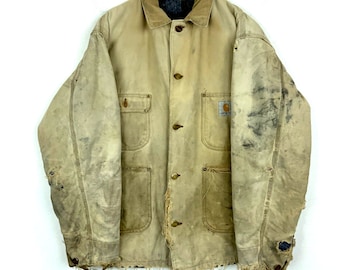 Vintage Carhartt Jacket Large Brown Blanket Lined Chore Workwear Distressed