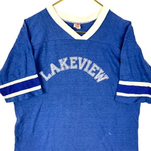 Vintage 1970s Wolf T-Shirt Size XL Blue V-Neck Single Stitch Lakeview