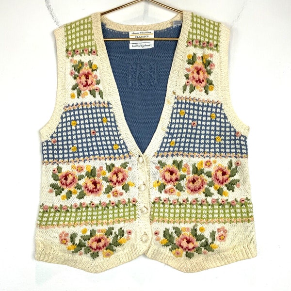 Vintage Floral V-Neck Women's Button Up Hand Knit Grandma Sweater Vest Large