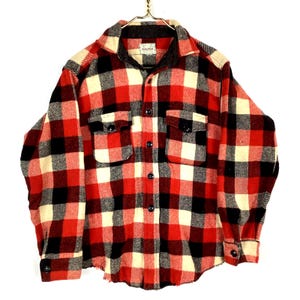 Vintage 1970s Wool Flannel Shirt Medium Red Plaid Long Sleeve Button Up Melton