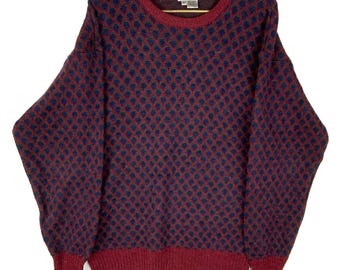 Vintage Grandpa Knit Wool Sweater Size Large Red Argyle 90s