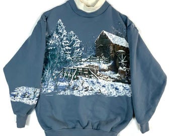 Vintage Winter Cabin Sweatshirt Size Small Blue Made In Usa Birds