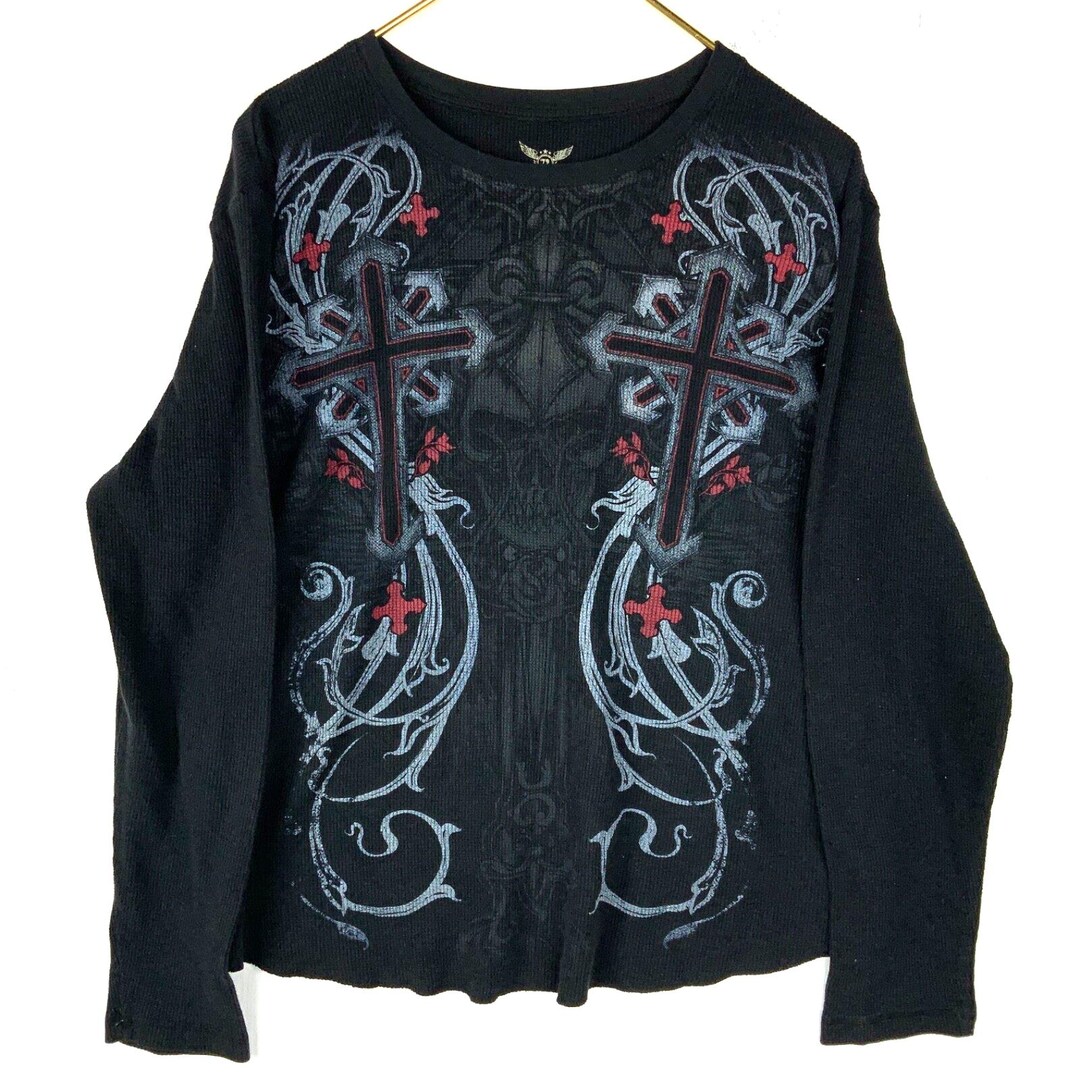 Y2K Thermal Waffle Grunge Crosses Skull T-shirt 2XL Long