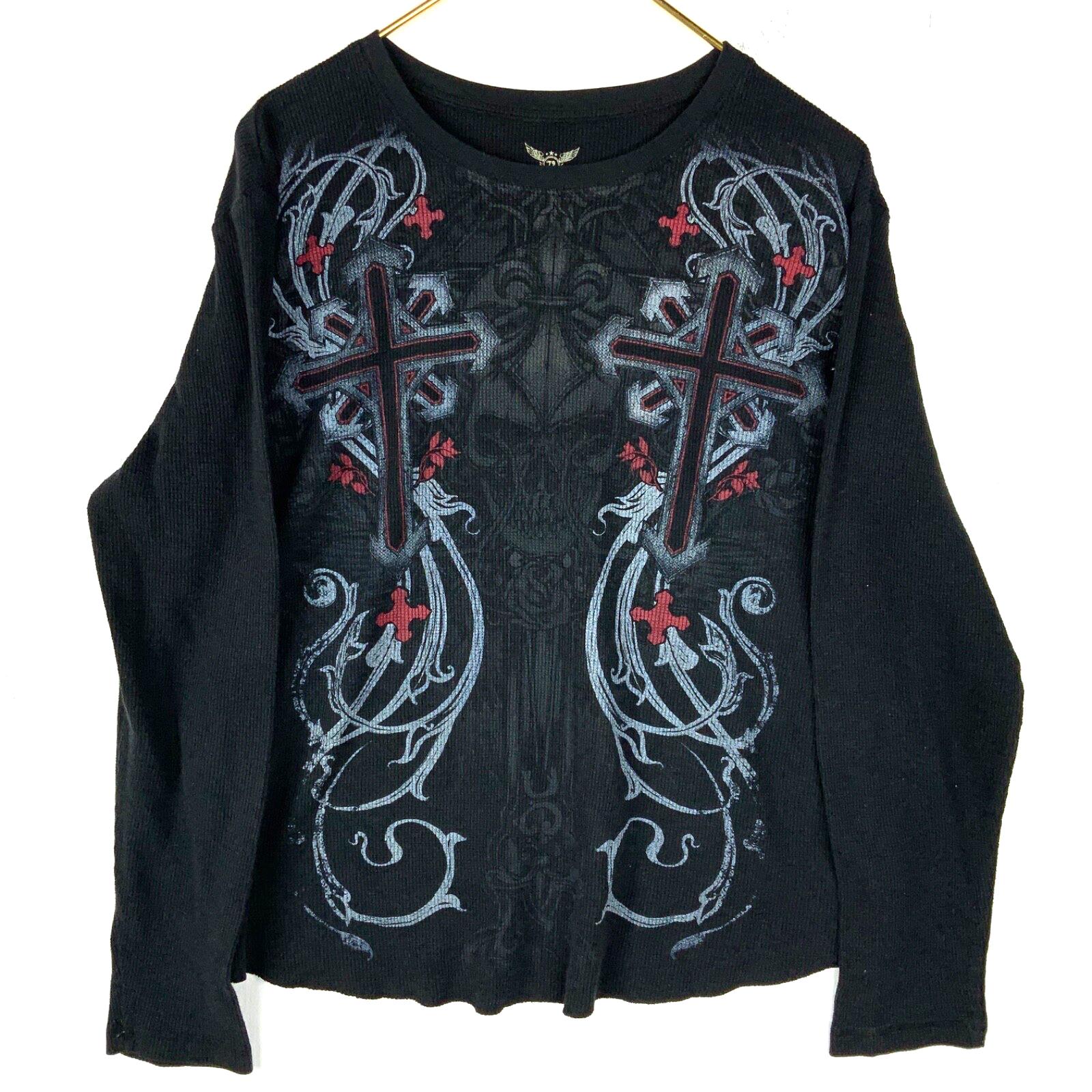 Y2K Thermal Waffle Grunge Crosses Skull T-shirt 2XL Long
