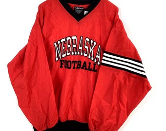 Vintage Nebraska Huskers Adidas Jacket Size Large Red V-neck Windbreaker Ncaa