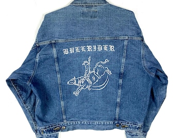 Vintage Wrangler Denim Jean Jacket XL Blue Medium Wash Bull Rider Rodeo Western