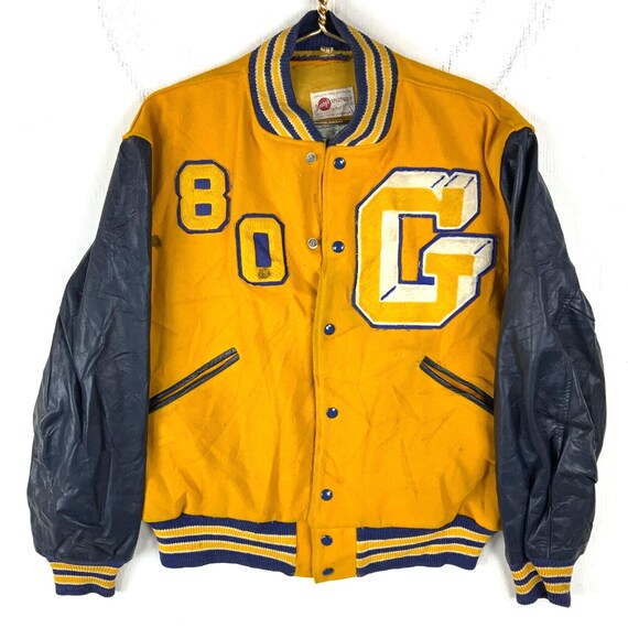 Vintage 1980s Wool Leather Varsity Bomber Jacket 44 Yellow Snap 