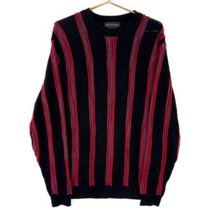 Vintage Grandpa 3D Knit Sweater Size Large Tall Black Crewneck Striped 90s