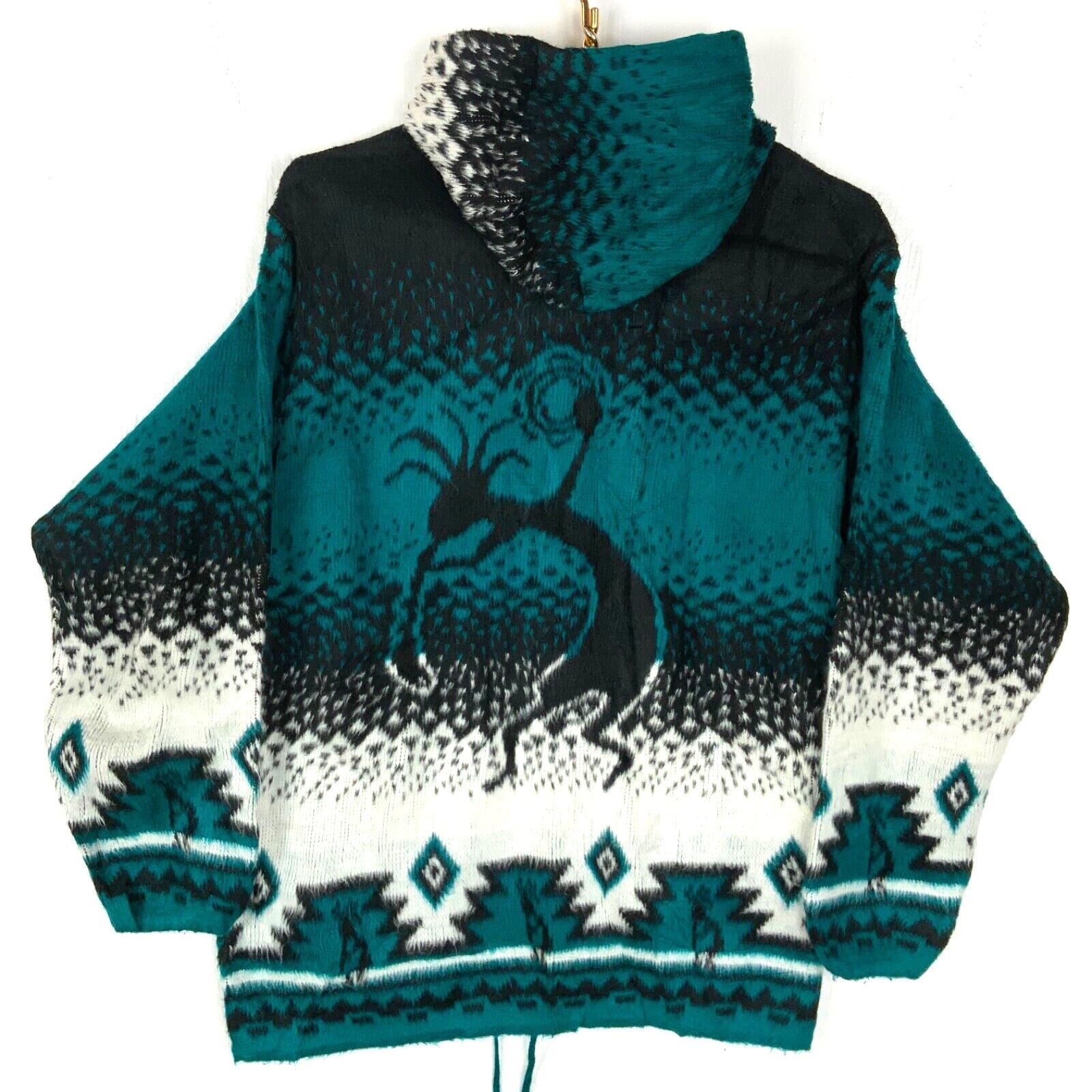 Vintage Hand Made Grandpa Knit Wool Hooded Sweater Medium Full Zip