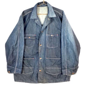 Vintage 1970s Montgomery Ward Denim Chore Jacket Size 48 XL Blue Button Up