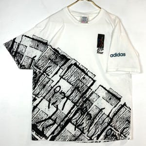 Vintage Adidas Atp Tour T-Shirt Large White Made Usa All Over Print Tennis 90s