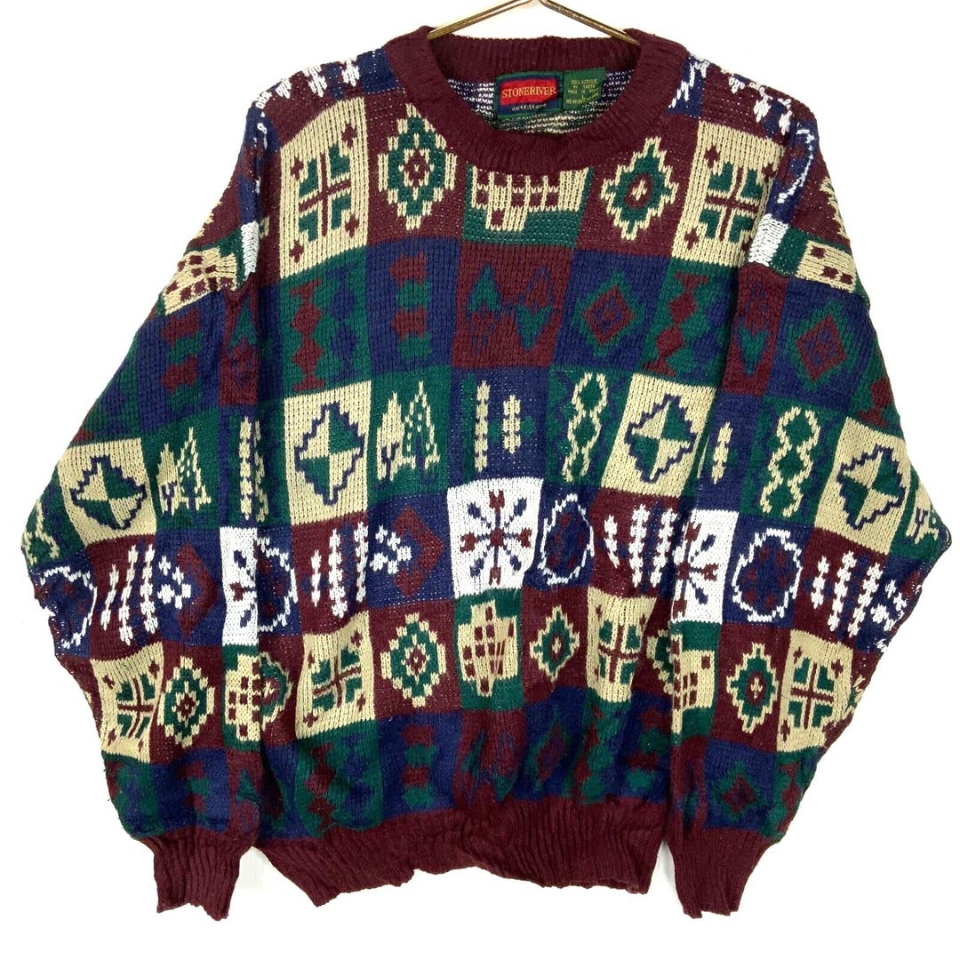 ジャケット・アウター vintage handmade multi color knit Vintage 80s Bright Patchwork Colorful Sweater Womens XL