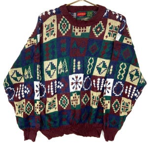 Vintage Grandpa Knit Sweater Size Large Multicolor Patterned 90s