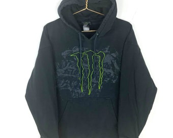 Vintage Monster Energy Sweatshirt Hoodie Size Large Black Motocross Y2K