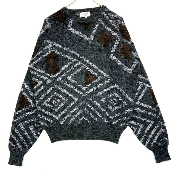 Vintage Sear’s Brushed Geometric Abstract Knit Grandpa Sweater Size Medium Gray