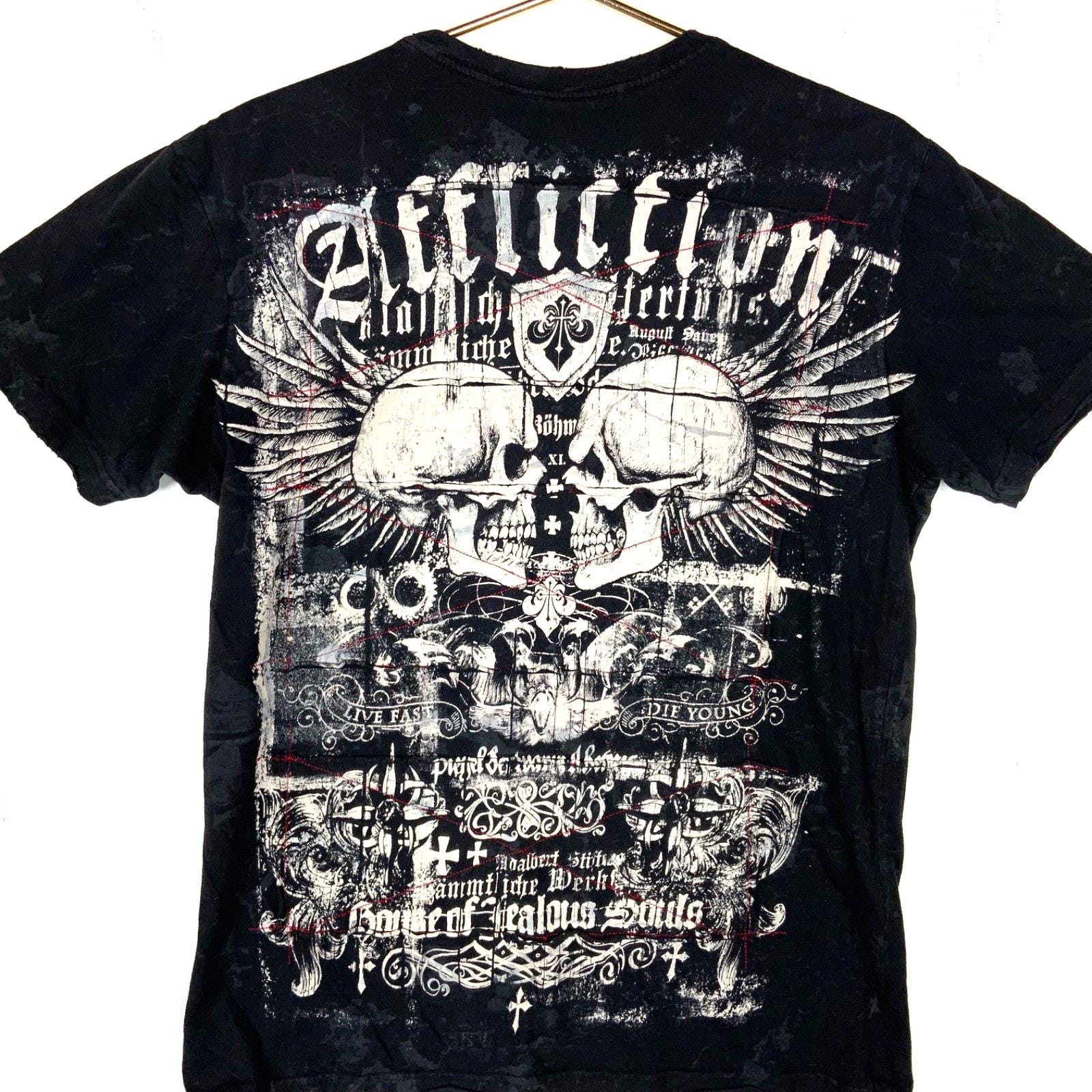 Y2K Affliction T-shirt Medium Black Studded Grunge Skulls