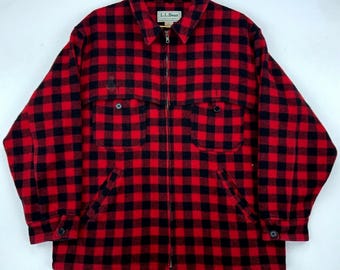 L.L. Bean Wool Vintage Flannel Full Zip Jacket Size Large Red 90s }