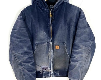 Carhartt Quilted Full Zip Hooded Bomber Jacket Large Blue Distressed