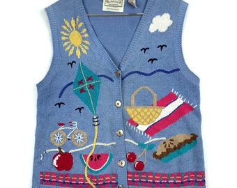 Vintage Summer Picnic Embroidered Women's Knit Grandma Sweater Vest Size Medium