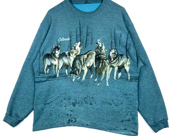 vintage hiver loup hurlant meute faune sweat-shirt ras du cou taille bleu moyen