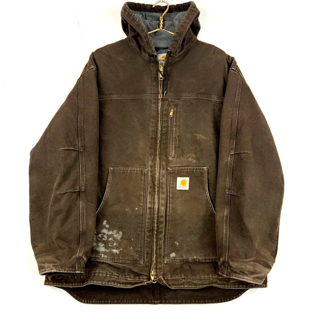 Carhartt Canvas Fleece Lined Full Zip Hooded Work Jacket Size 2XL Brown ...