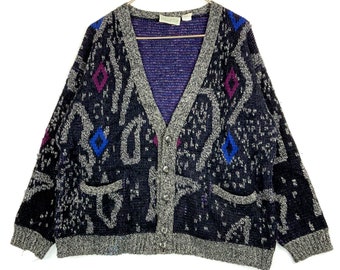 Vintage Abstract V-Neck Wool Knit Cardigan Sweater Size Small Made In Italy