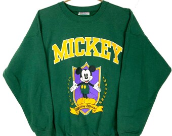 vintage Mickey Mouse Disney Sweatshirt ras du cou grand dessin animé vert fabriqué aux États-Unis