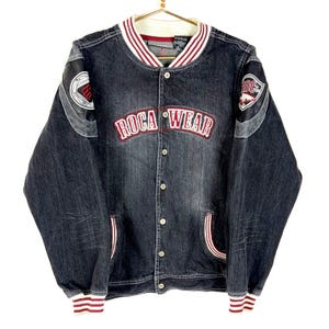 Y2K Rocawear Denim Jean Jacket Women&#39;s XL Black Snap Button Embroidered