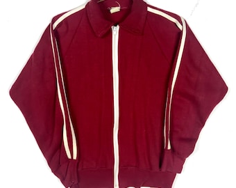 Vintage 1970s Hanes Track Jacket Sweatshirt Medium Maroon Full Zip