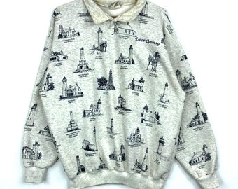 Vintage Lighthouse Sweatshirt Extra Large Collared Aop Art Unlimited