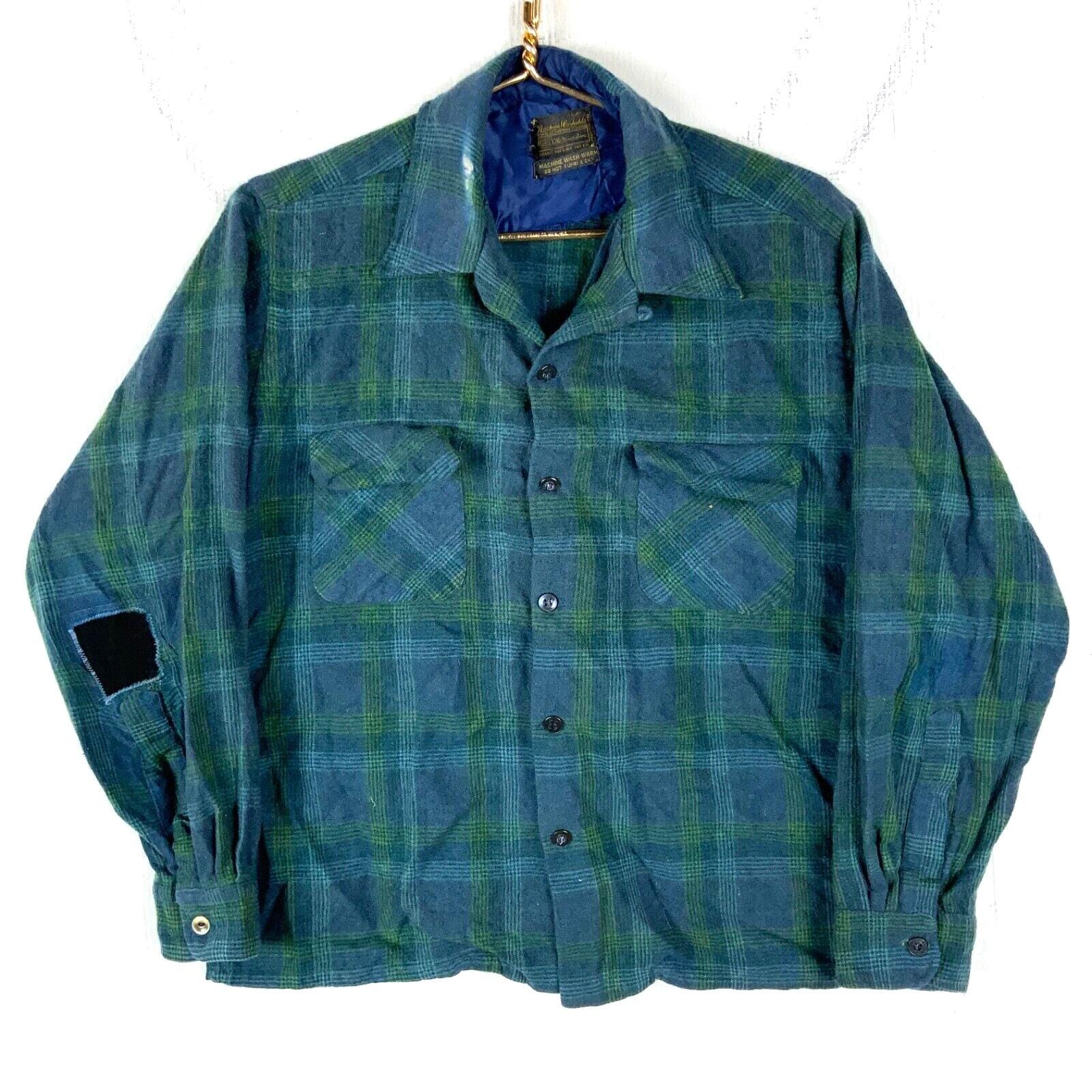 Vintage Sears Wool 1960s Shirt Size 16.5 Large Blue Button up Loop 