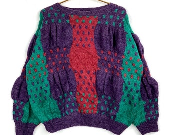 Vintage Striped Abstract Wool Knit Crewneck Grandpa Sweater Size XL