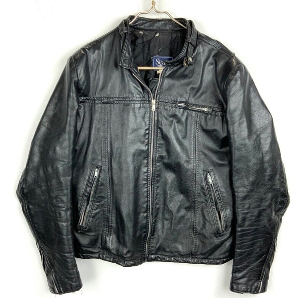 Vintage Sears Biker Full Zip Cafe Racer Leather Jacket Size 42 Tall Black