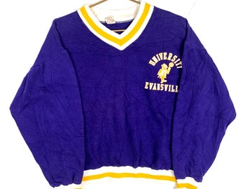 Vintage jaren 1970 Russell Athletic Sweatshirt V-hals Medium Evansville Ncaa