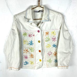 Vintage Breckenridge Women&#39;s Denim Jean Jacket PM White Embroidered 90s