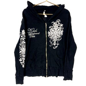 Vintage Y2K Women&#39;s Sweatshirt Hoodie 2XL Black Full Zip Y2K Rhinestone