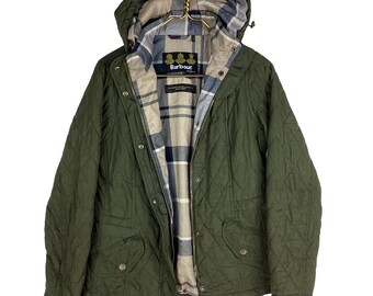 Veste coupe-vent matelassée Barbour pour femmes, taille 10, doublure en tartan vert, boutons